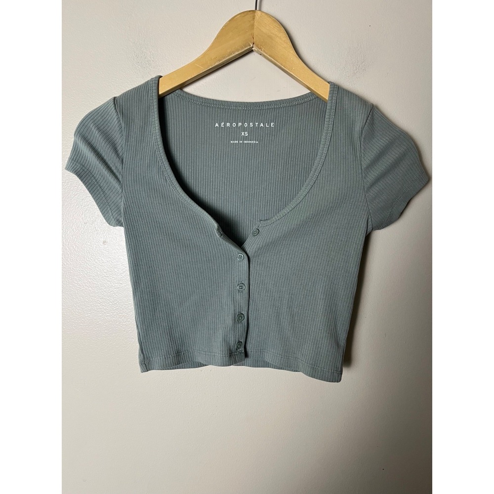 Aéropostale Ribbed Button-Up Crop Top Womens XS Green